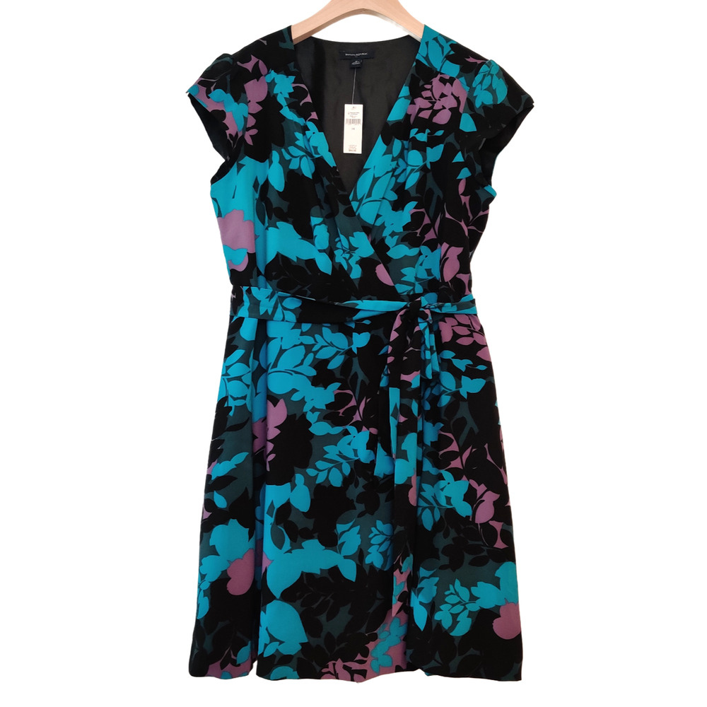 Banana Republic Floral Print Wrap Dress Size 14 Teal Black Party Wedding Y2K NWT - Picture 4 of 16